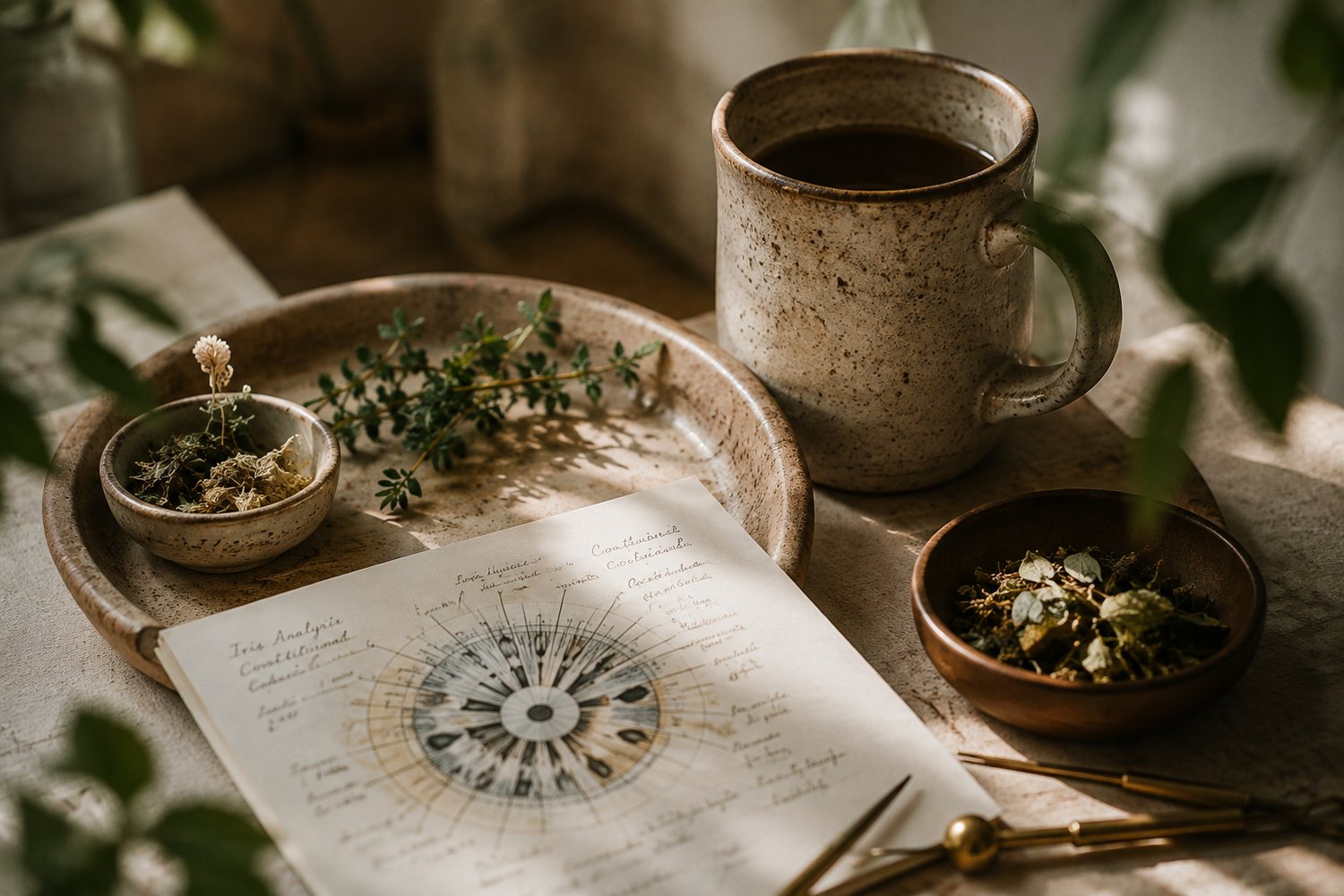 A ceramic mug beside bowls of dried herbs and a handwritten iris analysis chart