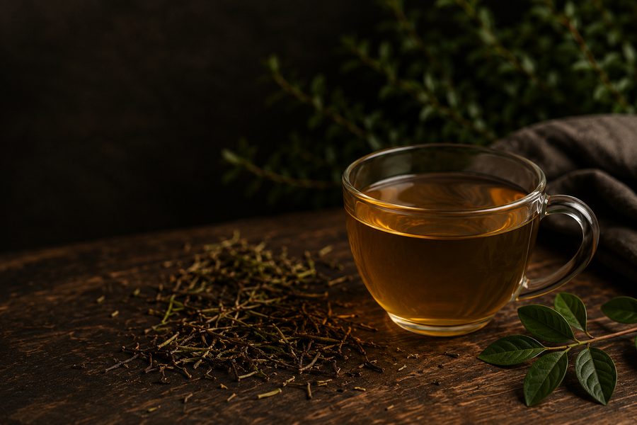 A glass cup of herbal tea with loose dried herbs on a wooden table
