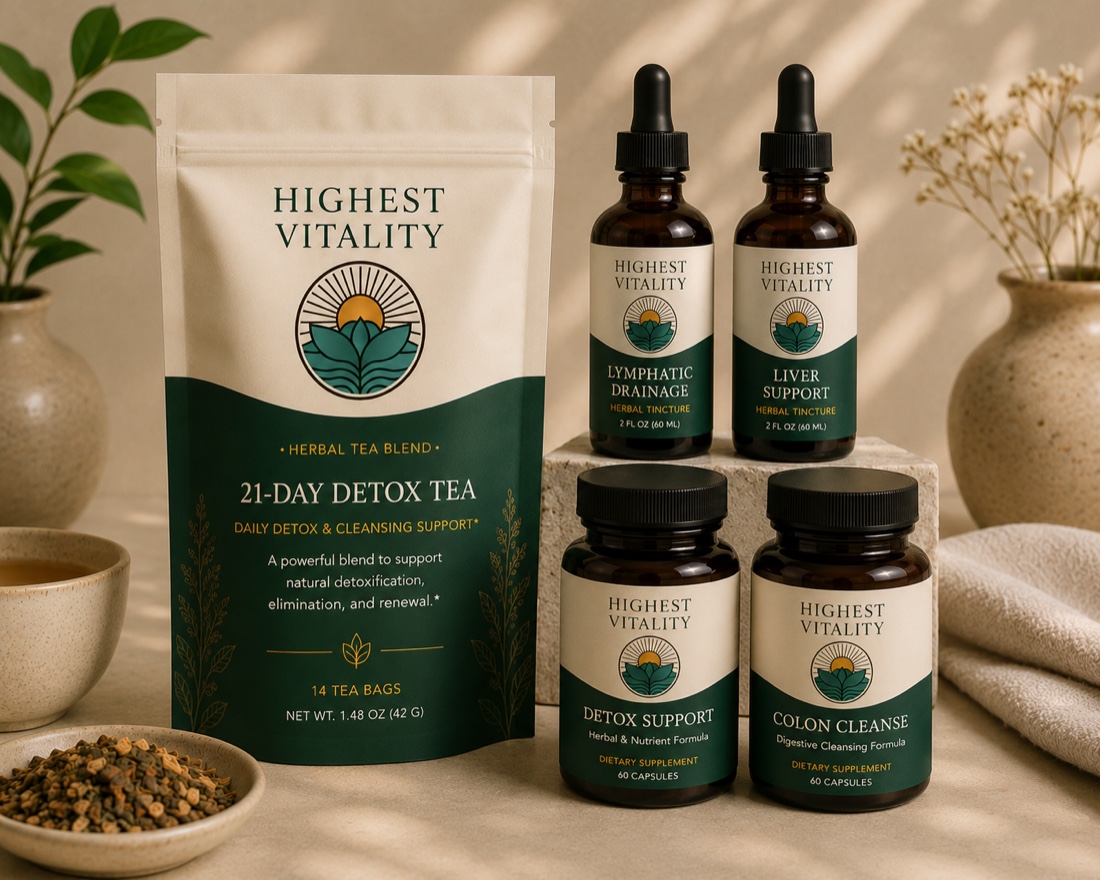 Highest Vitality 21-Day Detox kit: detox tea pouch, two herbal tinctures, and two capsule bottles