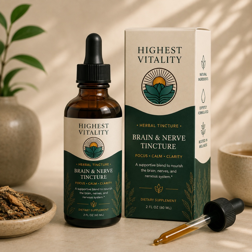 Highest Vitality Brain & Nerve Tincture bottle and carton beside dried herbs