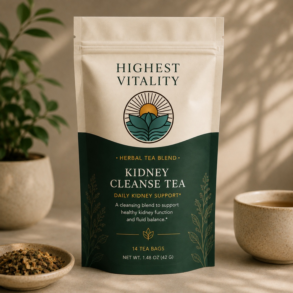 Highest Vitality Kidney Cleanse Tea pouch beside loose herbs and a cup of tea