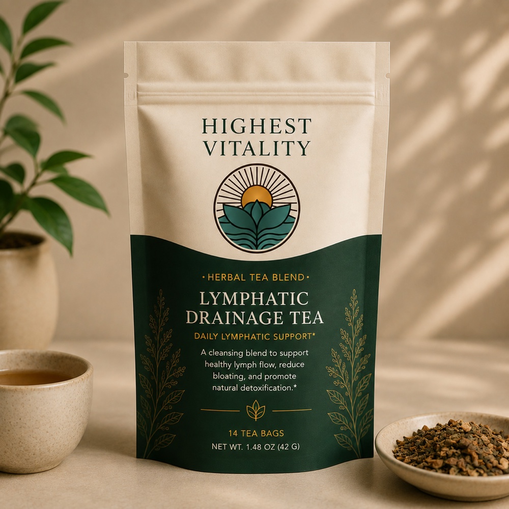 Highest Vitality Lymphatic Drainage Tea pouch beside loose herbs and a cup of tea
