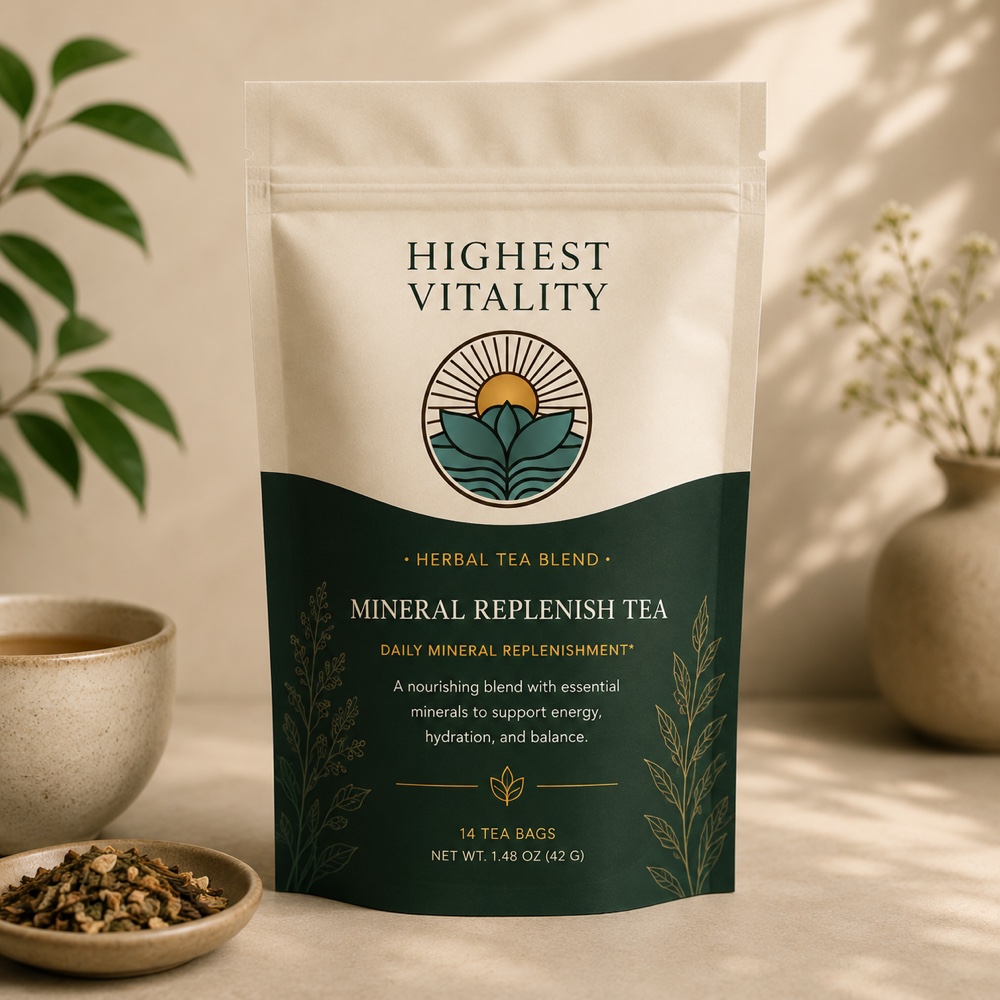 Highest Vitality Mineral Replenish Tea pouch beside loose herbs and a cup of tea